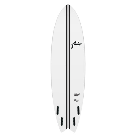 Rusty TEC Moby Fish Quad Surfboard, weißes Fischbrett mit schwarzem Mittelstreifen und vier schwarzen Finnen, Draufsicht