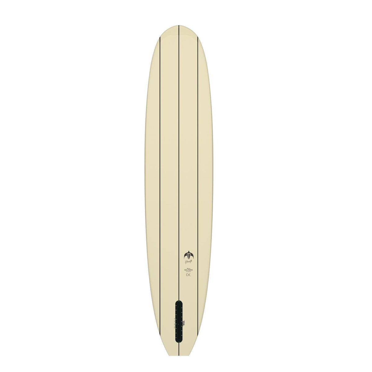 Torq Surfboard TEC Delpero Classic, Creme mit Streifen, Draufsicht, schwarzes Finnenbox-Detail am unteren Ende