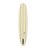Torq Surfboard TEC Delpero Classic, Creme mit Streifen, Draufsicht, schwarzes Finnenbox-Detail am unteren Ende