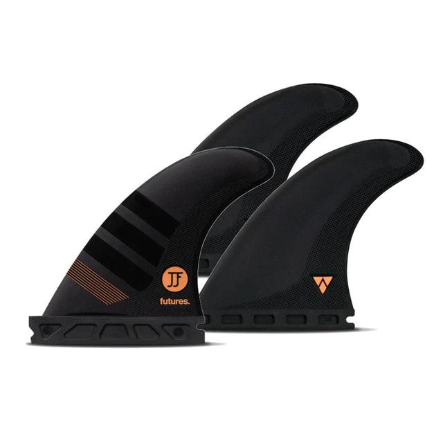 Futures Thruster Fin Set JJ Florence Alpha, schwarze Surfflossen mit orangen Logos, Seitenansicht