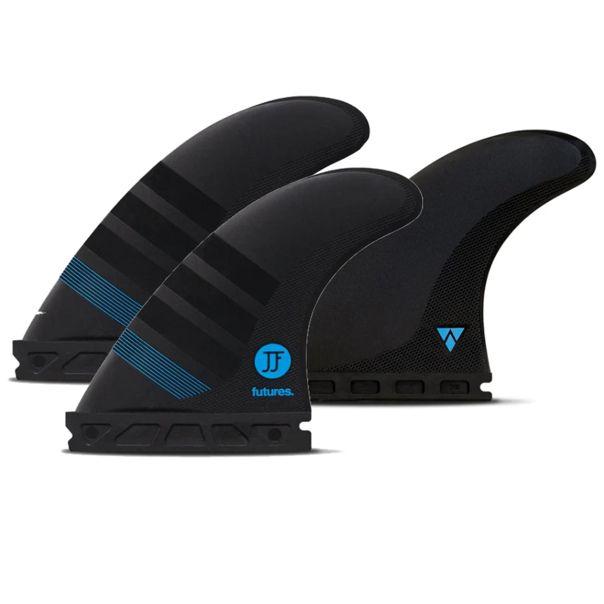 Futures Thruster Fin Set JJ Florence Alpha, schwarze Surfflossen mit blauen Akzenten, Frontansicht