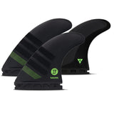 Futures Thruster Fin Set JJ Florence Alpha, schwarze Surfflossen mit neongrünen Streifen, Frontansicht