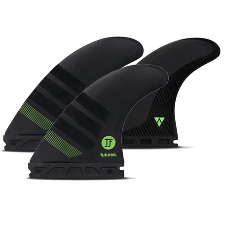 Futures Thruster Fin Set JJ Florence Alpha, schwarze Surfflossen mit neongrünen Streifen, Frontansicht