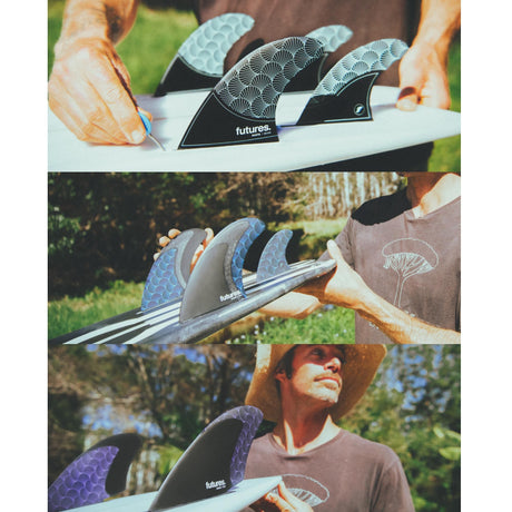 Futures Twin Tri Fin Set Rasta Alpha, drei Surfflossen in Blau und Schwarz mit Rastamuster, Detailansichten der Flossen und Montage am Surfboard