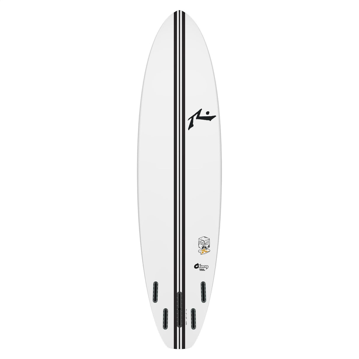 Rusty TEC Egg Not Quad Single Surfboard, weiß mit schwarzem Mittelstreifen, Draufsicht