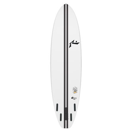 Rusty TEC Egg Not Quad Single Surfboard, weiß mit schwarzem Mittelstreifen, Draufsicht