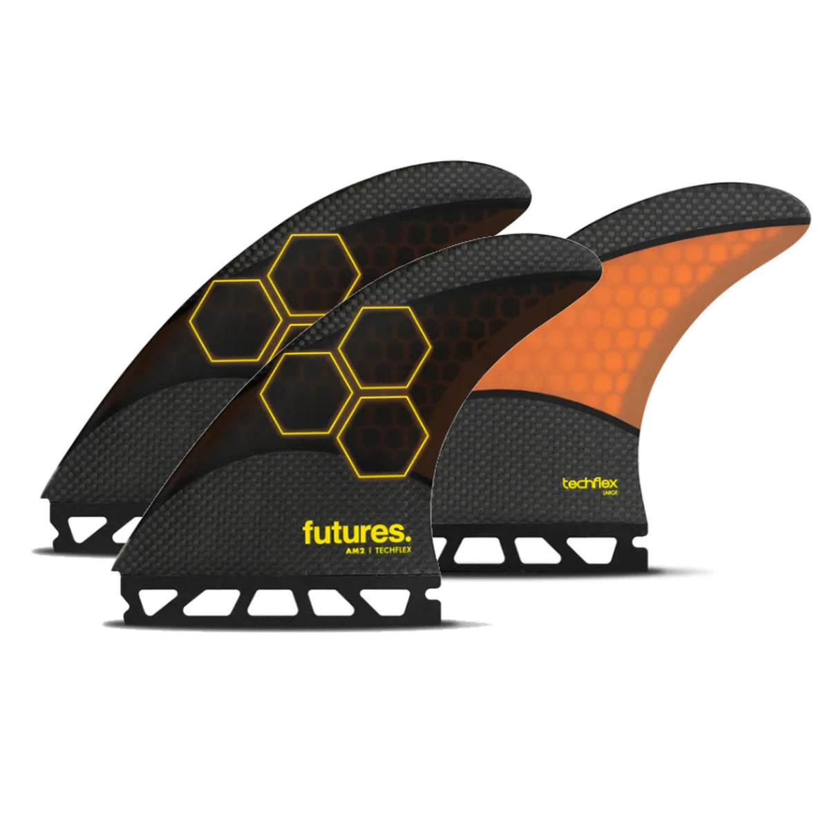Futures AM2 Al Merrick Techflex Thruster Surfboard Finnen, schwarz mit orange, Hexagon-Design, Seitenansicht