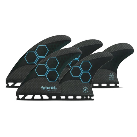 Futures AM Techflex 5-Fin Set schwarz mit türkisen Hexagon-Mustern, Frontalansicht aller fünf Flossen