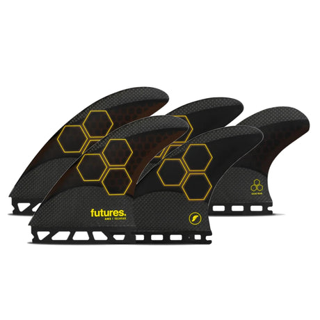 Futures AM Techflex 5-Fin Set schwarze Surfflossen mit gelbem Hexagon-Design, Frontansicht