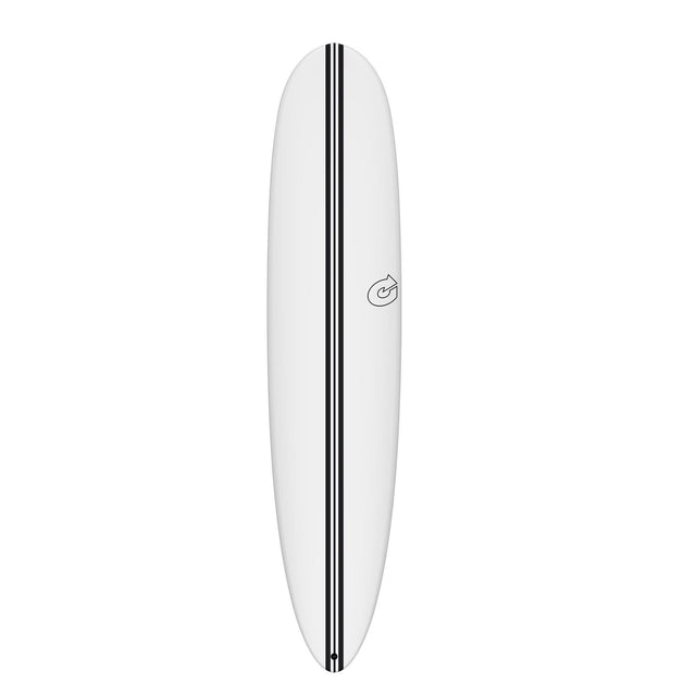 Torq TEC 24/7 Surfboard, weiß mit schwarzem Streifen, Draufsicht, modernes Surfboard-Design