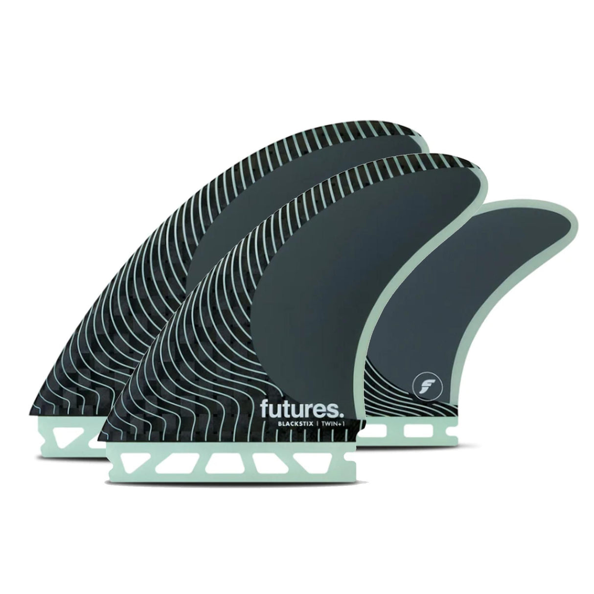 Futures Blackstix Twin +1 Surfboard Finnen Set, schwarz mit grünen Streifen und Basis, drei Finnen im Seitenwinkel