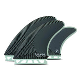 Futures Blackstix Twin +1 Surfboard Finnen Set, schwarz mit grünen Streifen und Basis, drei Finnen im Seitenwinkel