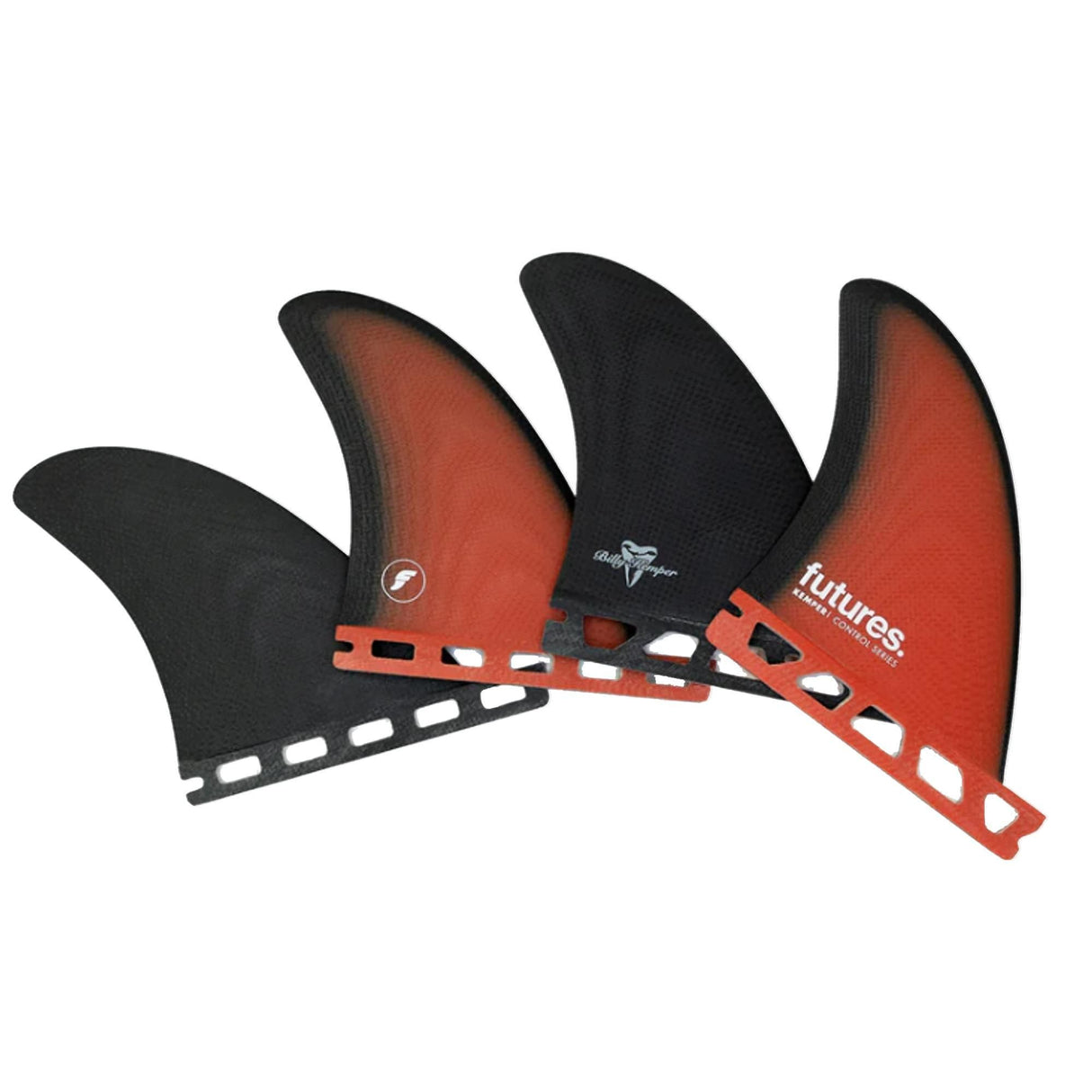 Futures Billy Kemper Quad Set Surfflossen in Rot und Schwarz mit weißen Befestigungspunkten, Frontalansicht