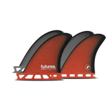 Futures Billy Kemper Quad Set Surfflossen mit rotem und grauem Design, vier Flossen mit ergonomischer Form, Seitenansicht