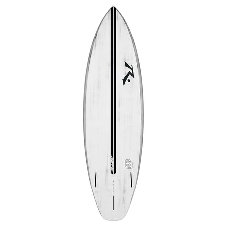 Rusty ACT SD Shortboard weiß, Draufsicht, Performance Surfboard mit schwarzem Streifen und Rusty Logo
