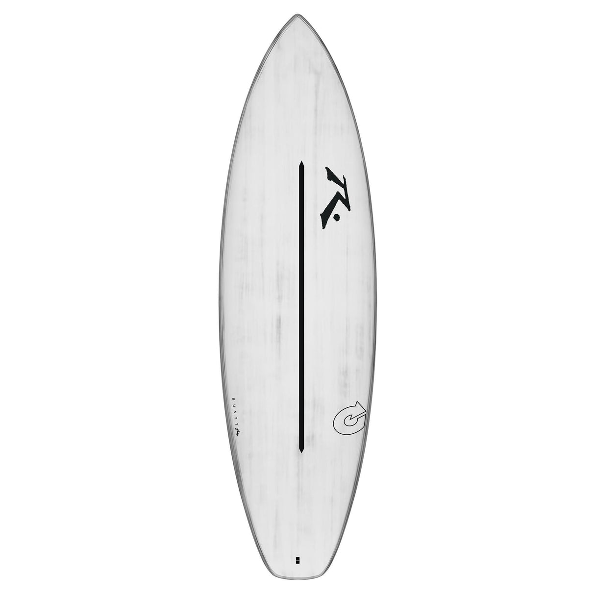 Rusty ACT SD Shortboard Surfboard weiß, Draufsicht mit schwarzem Mittelstreifen und Logo