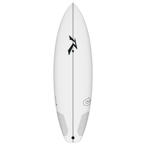 Rusty ACT SD Shortboard, weißes Surfboard mit schwarzem Logo, Draufsicht