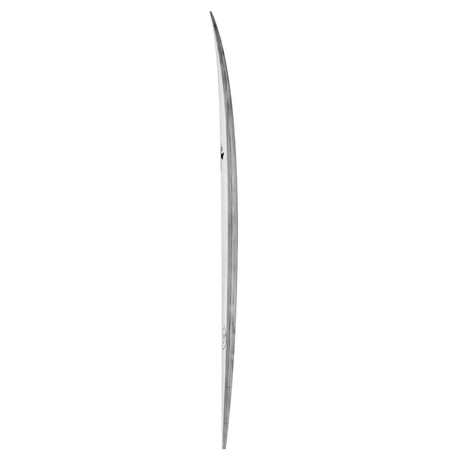 Rusty ACT Dwart Surfboard in Grau, schlankes Design mit spitzem Ende, Seitenansicht