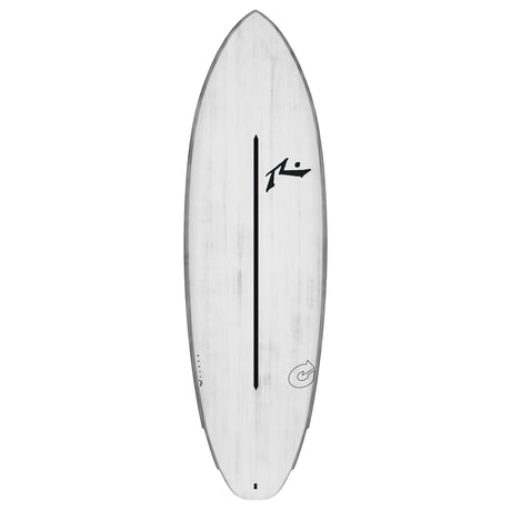 Rusty ACT Dwart Surfboard, weißes Shortboard mit schwarzem Mittelstreifen und Logo, Draufsicht