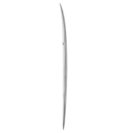 Rusty ACT Moby Fish Quad Surfboard, grau, schlankes Fish-Design mit spitzem Ende, Seitenansicht