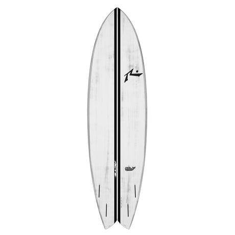 Rusty ACT Moby Fish Quad Surfboard, weiß mit schwarzem Mittelstreifen, Draufsicht
