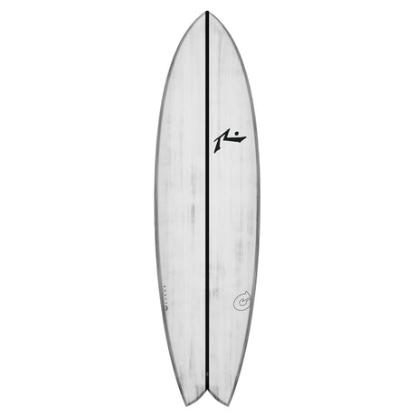 Rusty ACT Moby Fish Quad Surfboard, weiß, Fiberglas, Fischform, Draufsicht