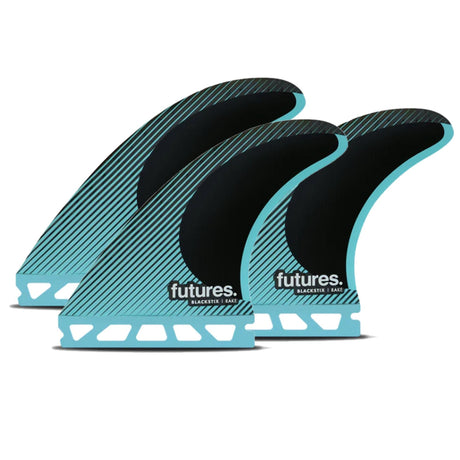 Futures R4 Blackstix Rake Thruster Finnen Set, schwarz mit türkis Streifen, Kunststoff, Draufsicht