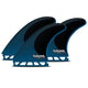 Futures R8 Blackstix Rake Thruster Finnen Set, blau-schwarz mit Rippenstruktur, drei Flossen mit weißen Finbox-Details, Frontansicht