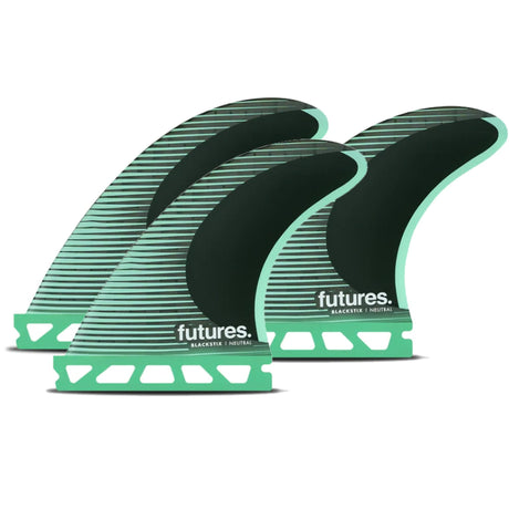 Futures F4 Blackstix Thruster Flossen Schwarz Mint Gestreift mit Honeycomb Base Ansicht von vorne