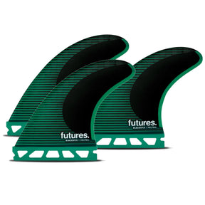 Futures F6 Blackstix Thruster Flossen Set, grün-schwarz mit Rillenstruktur, Draufsicht