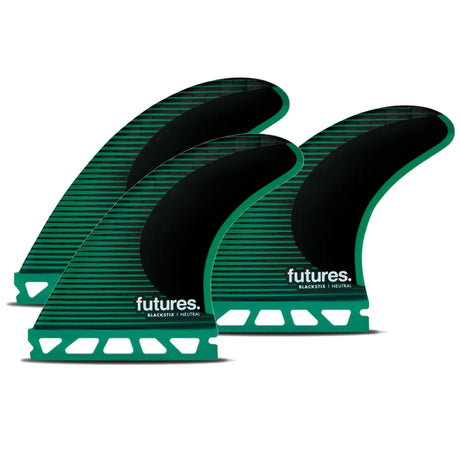 Futures F6 Blackstix Thruster Flossen Set, grün-schwarz mit Rillenstruktur, Draufsicht