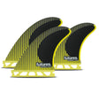 Futures P4 Blackstix Pivot Thruster Finnen Set, Schwarz-Gelb mit Carbon-Rillen, Frontalansicht