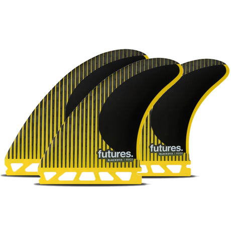 Futures P8 Blackstix Pivot Thruster Finnen Set, Schwarz mit gelben Streifen und Kanten, Frontansicht