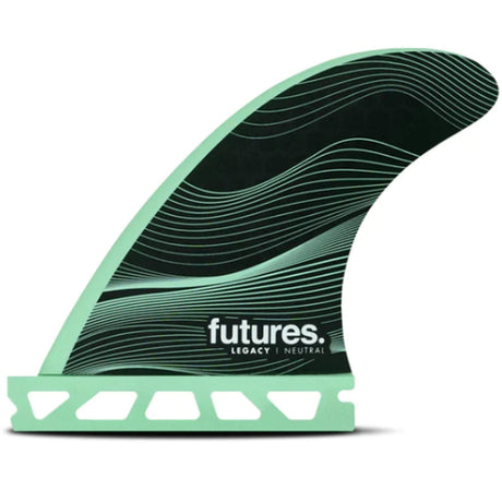 Futures F3 Legacy Neutral Thruster Finne in Schwarz und Minzgrün mit strukturiertem Design, Seitenansicht