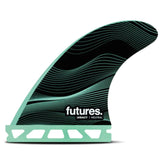 Futures F4 Legacy Neutral Thruster Surfboard-Finne, schwarz und mint grün mit Linien-Design, Seitenansicht