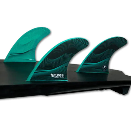 Futures F6 Legacy Neutral Thruster Flossen Set in Türkis und Schwarz auf schwarzer Basis, seitliche Ansicht