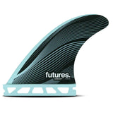 Futures R3 Legacy Rake Thruster Surfflossen in Schwarz und Hellblau mit gerillter Oberfläche, Seitenansicht