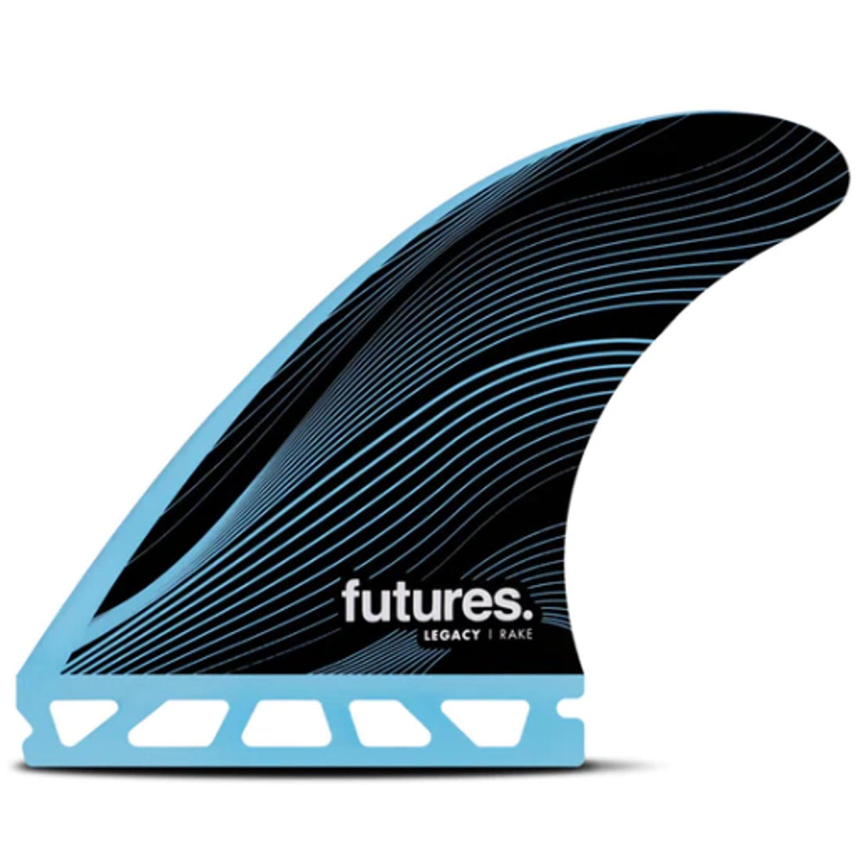 Futures R4 Legacy Rake Thruster Finne, schwarze Oberfläche mit blauen Linien, hellblauer Basis, Seitenansicht