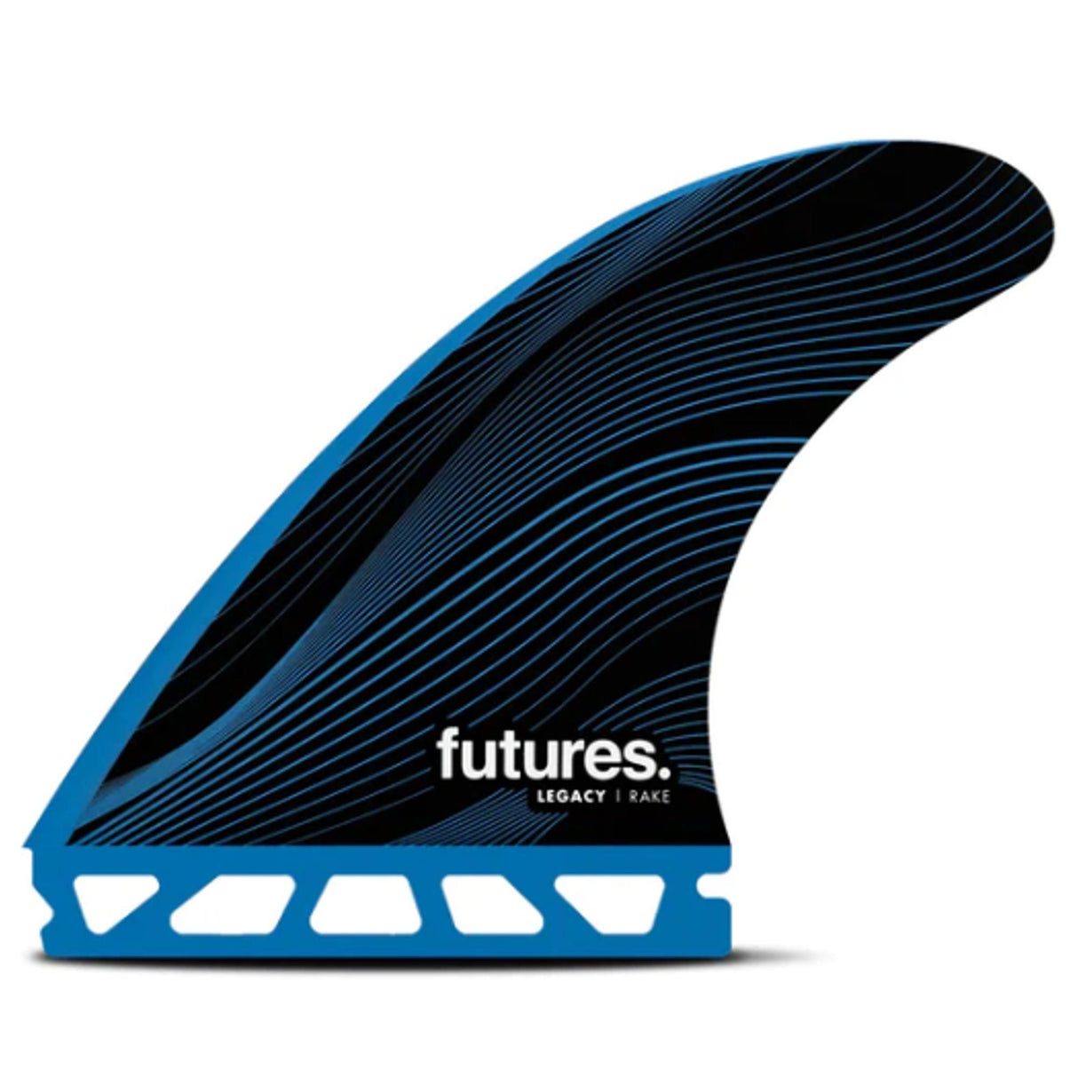 Futures R6 Legacy Rake Thruster Surfboard Finne, blau-schwarz mit Rillenstruktur, Seitenansicht
