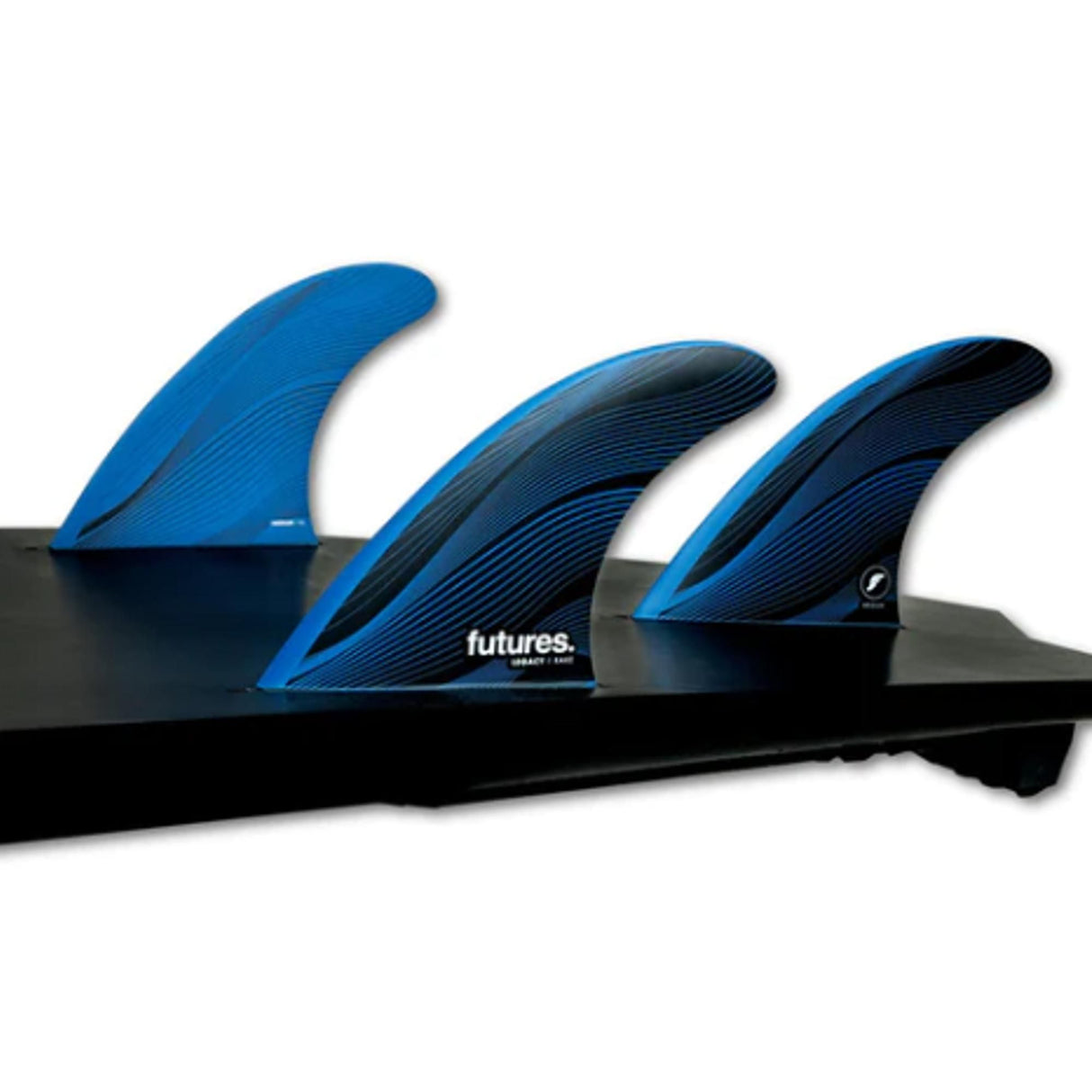 Futures R6 Legacy Rake Thruster Flossen Set, drei Flossen in Blau und Schwarz auf schwarzer Basis, Seitenansicht