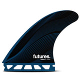 Futures R8 Legacy Rake Thruster Surfboard Finne, dunkelblau mit schwarzen Rillen, seitliche Ansicht