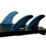 Futures R8 Legacy Rake Thruster Surfboard Flossen Set, blau und schwarz, drei Finnen auf schwarzer Basis, Seitenansicht