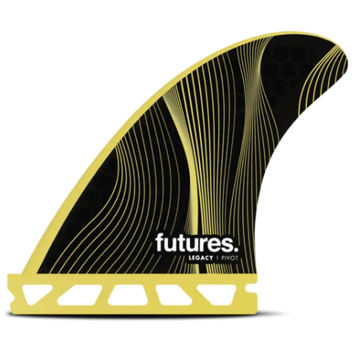 Futures P4 Legacy Pivot Thruster Surfboard Finne, Schwarz und Gelb, Seitenansicht