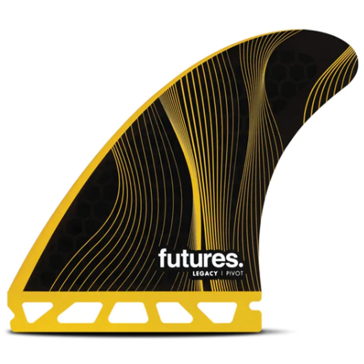 Futures P8 Legacy Pivot Thruster Surfboard Finne in Schwarz und Gelb mit Wellenmuster, Seitenansicht