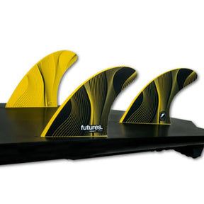 Futures P8 Legacy Pivot Thruster Flossen Set, Gelb und Schwarz mit Rillenstruktur, drei Finnen auf schwarzer Basis