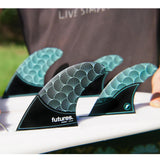 Futures Rasta Honeycomb Quad Set, vier Surfflossen mit Wabenmuster in Türkis und Schwarz auf Surfboard