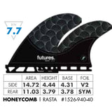 Futures Rasta Honeycomb Quad Set Flossen, schwarz mit Rasta-Muster, Honeycomb-Struktur, Ansicht von oben mit Größenangaben