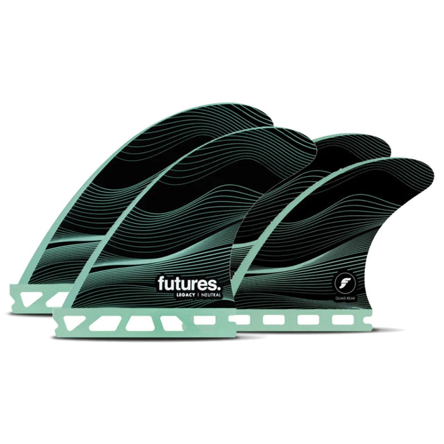 Futures Legacy Neutral Honeycomb Quad Set, vier schwarze Surfflossen mit mintgrünem Honeycomb-Muster, Seitenansicht