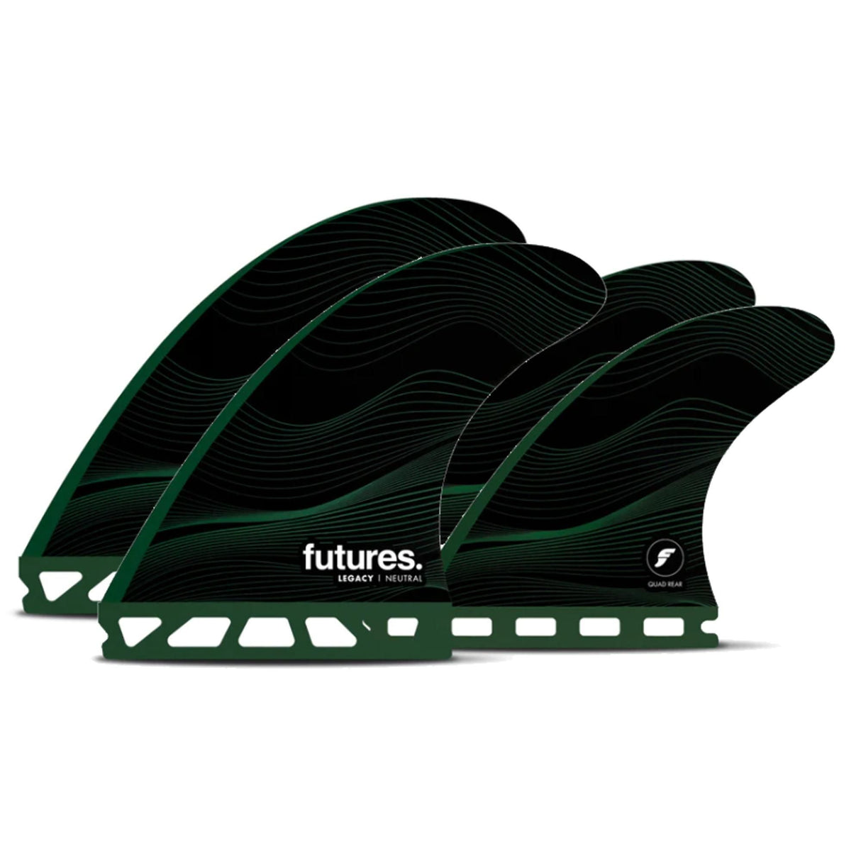 Futures Legacy Neutral Honeycomb Quad Set schwarze Surfboard-Finnen mit grünen Streifen, Seitenansicht