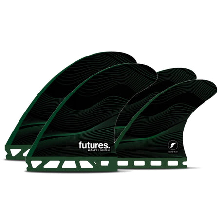 Futures Legacy Neutral Honeycomb Quad Set schwarze Surfboard-Finnen mit grünen Streifen, Seitenansicht